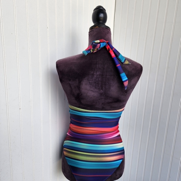 NWOT NOON SWIM Women's Halter 1 Piece Swimming Suit Striped Purple Red Sz 10 - Picture 6 of 16